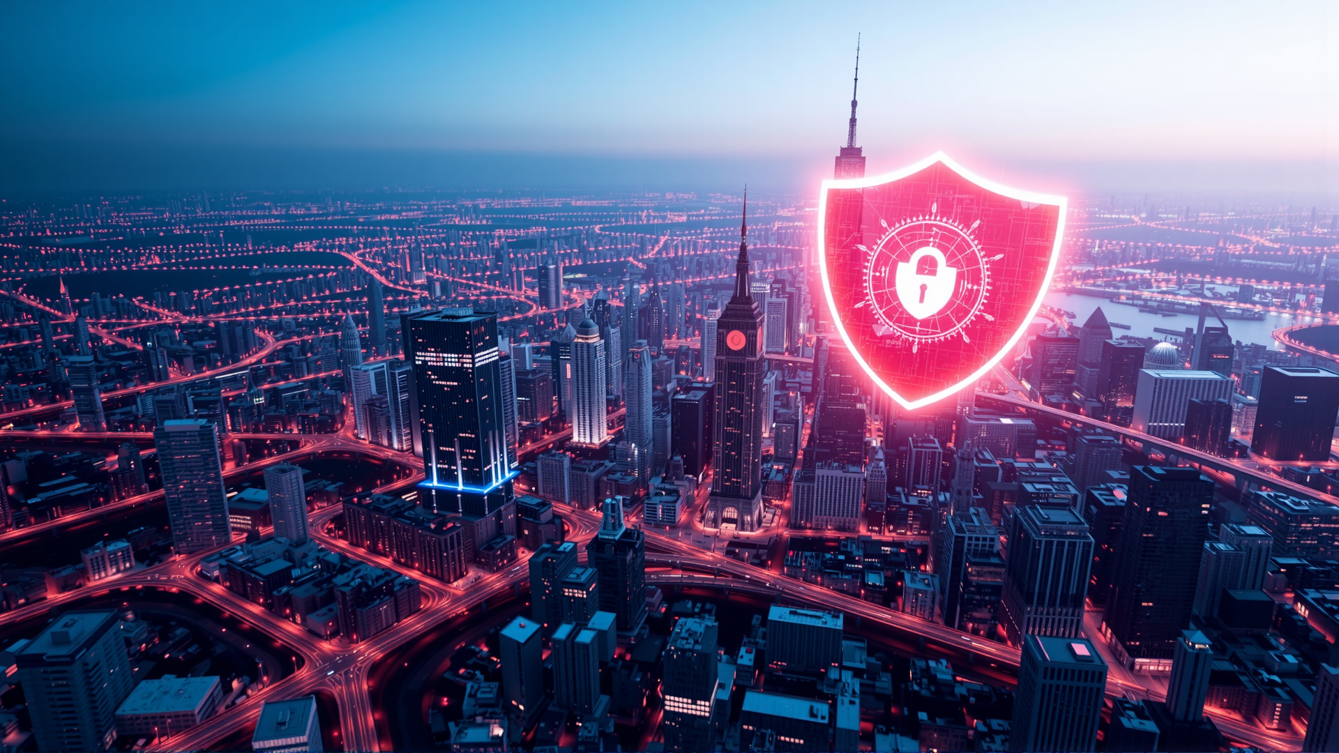 A high-tech visualization of a digital city protected by a glowing red shield