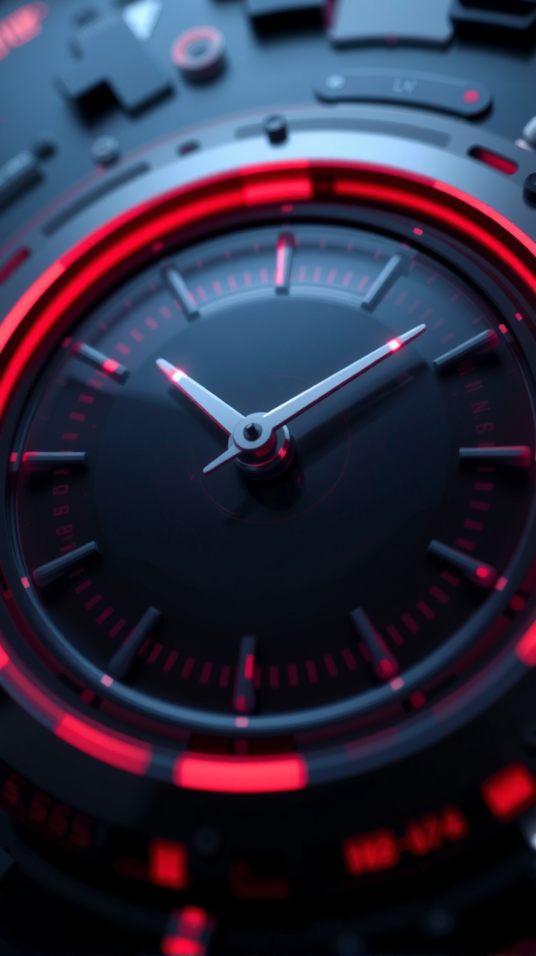 A high-tech visualization of a glowing analog clock.